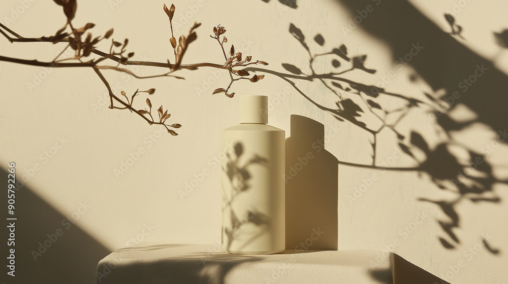 Poster Cosmetic bottle standing on platform with branch casting shadow