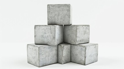 Stacked pyramid of six gray concrete blocks on white background