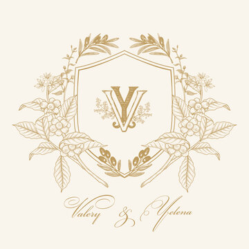 VY Initial Wedding Monogram Logo Crest, Wedding Logo Design, Custom Wreath Wedding Monogram, Crest Initial Wedding Logo.
