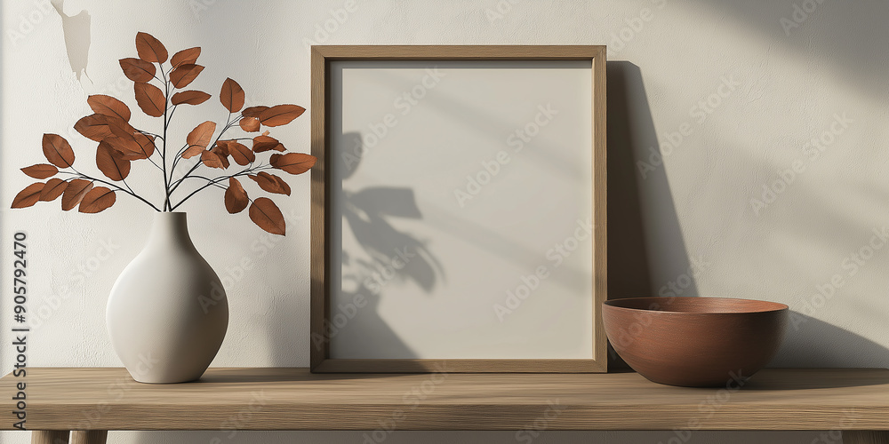 Poster sunlight casting shadows over wooden frame mockup with vase and bowl on table