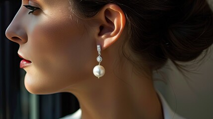 Elegant ear adorned with timeless pearl drop earrings, capturing their classic beauty and refined elegance