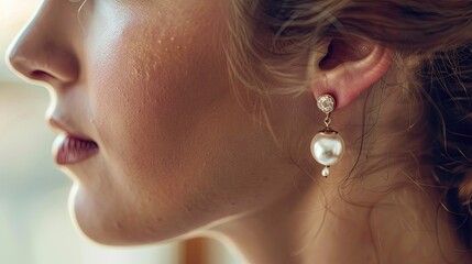 Elegant ear adorned with timeless pearl drop earrings, capturing their classic beauty and refined elegance