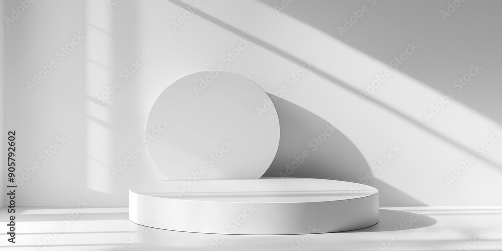 Poster minimal white round podium displaying product packaging with window shadow