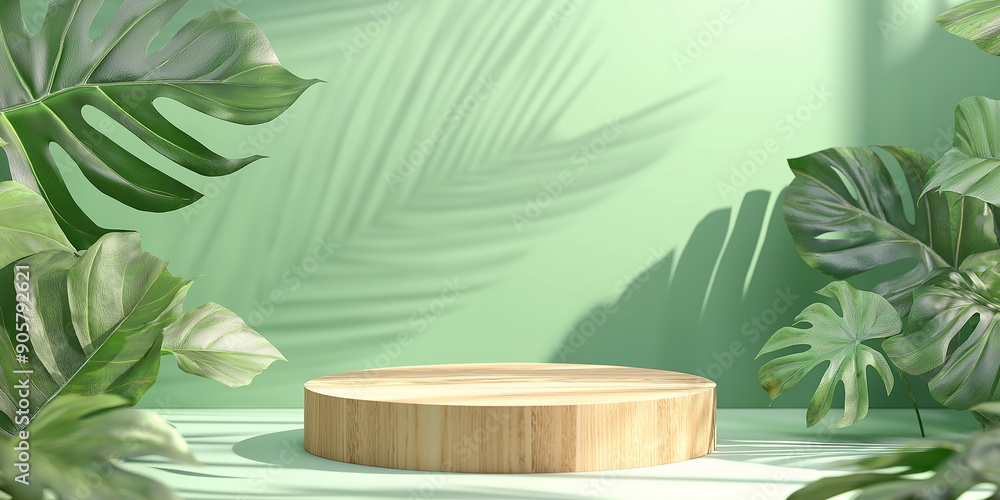 Poster empty wooden podium displaying product surrounded by monstera leaves and palm tree shadows