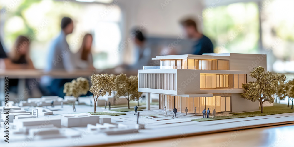 Aufkleber architects discussing project using scale model of modern building