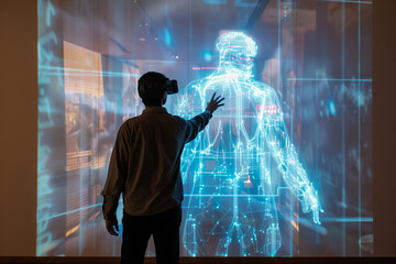 Interactive technology, teenager explores the world using VR headset, experience virtual reality