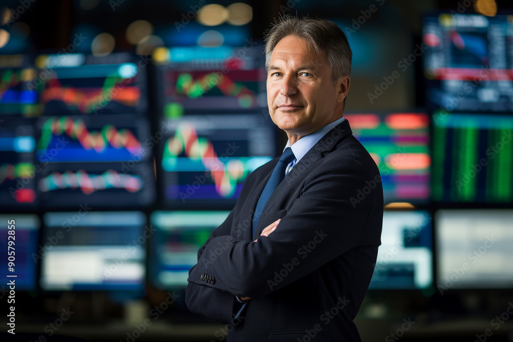 Poster confident stock market trader standing with arms crossed in front of monitors showing charts