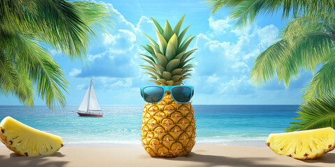 Obraz premium Pineapple wearing sunglasses is relaxing on a tropical beach with palm trees