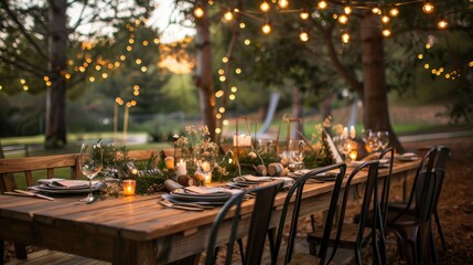 Elegant outdoor dining table with a wooden top, rustic chairs, and a string of fairy lights adding a magical touch to the setting