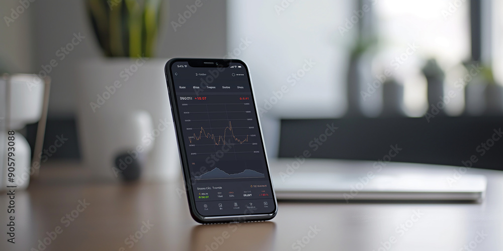 Poster stock market app is displaying financial data on smartphone screen in modern office