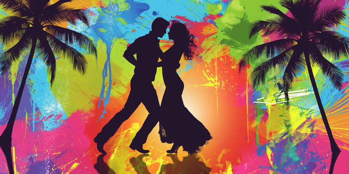 Couple dancing salsa in front of a tropical sunset background