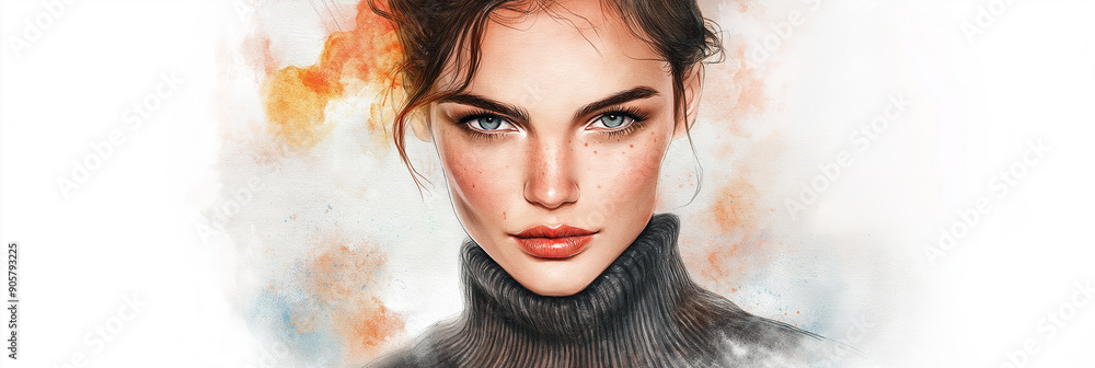 Poster beautiful woman with freckles is posing on an abstract background