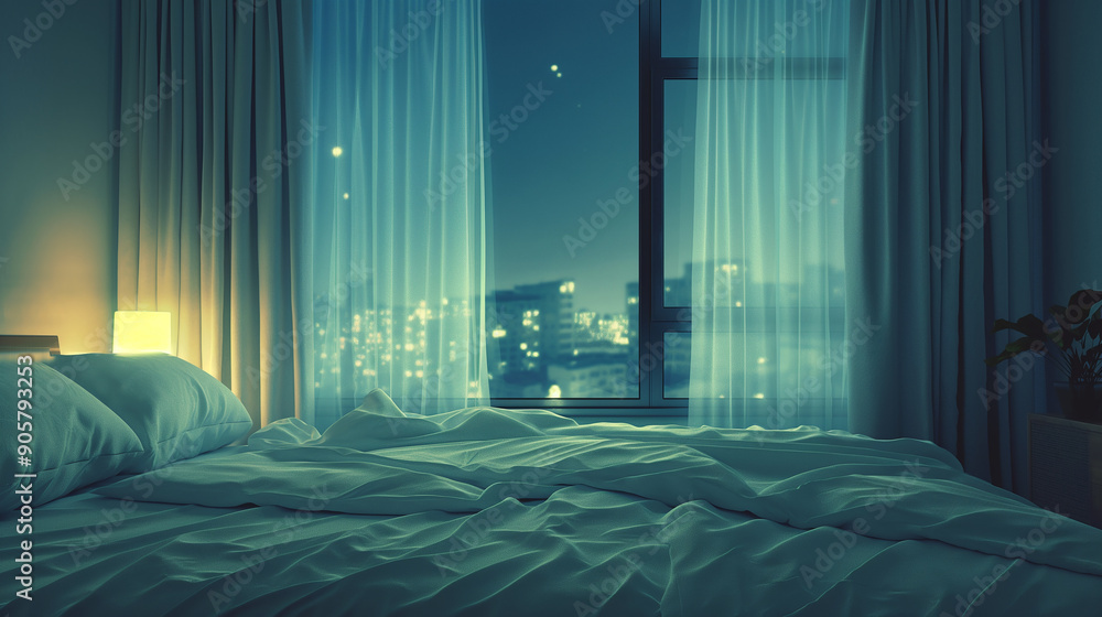 Poster empty bed with cityscape view at night through window