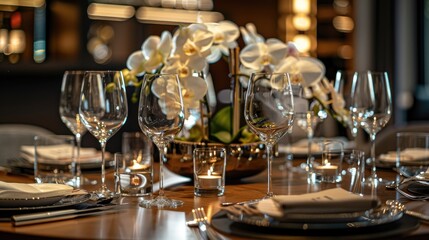 High-end dining table with a polished wood finish, silver-plated cutlery, and an elegant centerpiece of white orchids and candles