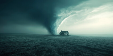 Huge destructive tornado approaching farm house in the countryside