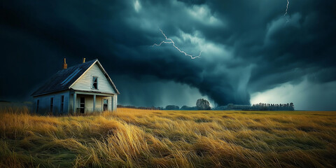 Deserted farmhouse standing against approaching tornado and lightning storm