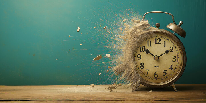 Retro alarm clock exploding with sand on wooden table
