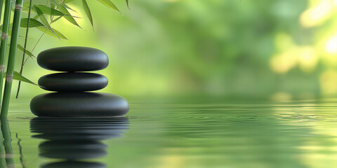 Stack of black zen stones balancing on water with bamboo shoots