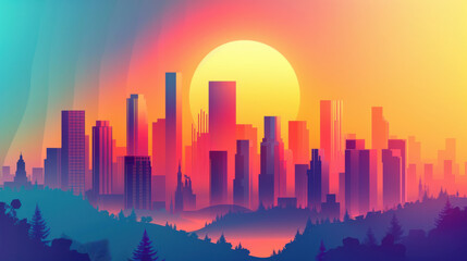 Fototapeta premium Vibrant sunset over a modern city skyline, with colorful hues illuminating the buildings and surrounding nature.