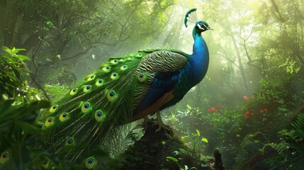 Fototapeta premium Majestic peacock in a lush forest, with its feathers fanned out and creating a vibrant splash of color amidst the green foliage