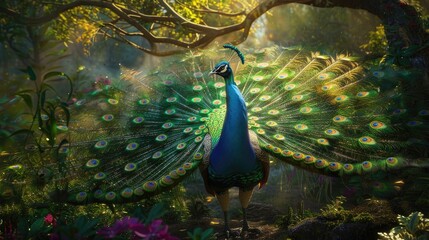 Obraz premium Majestic peacock displaying its vibrant, iridescent tail feathers in full spread, showcasing the dazzling blues and greens against a lush garden backdrop