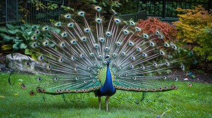 Obraz premium Stunning peacock in a tranquil garden setting, with its tail feathers fully extended and showcasing their vibrant colors and intricate patterns