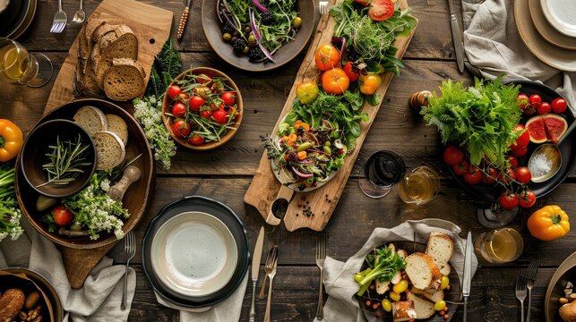Rustic dining table with a farm-to-table spread, featuring fresh vegetables, artisanal bread, and a wooden serving platter