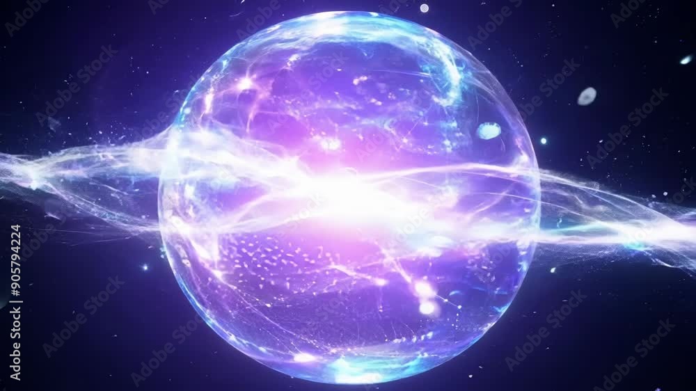 Poster spheres of energy collide and split representing the indeterminacy and unpredictability of quantum f
