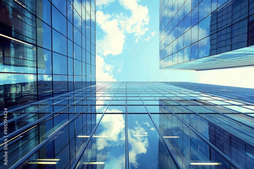 Poster a modern cityscape featuring a high-rise building with numerous windows, great for urban or architec