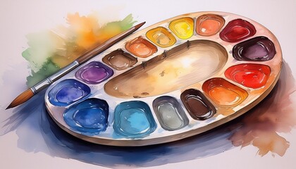 Watercolor palette, paints, paint brush isolated on white background set. 