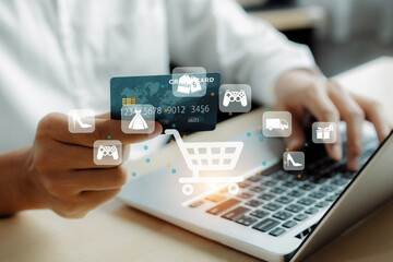 Customer open hologram graphic interface controlling device choosing online platform. Smart consumer touch gadget open e-commerce application using cashless technology shopping inventory. Cybercash.