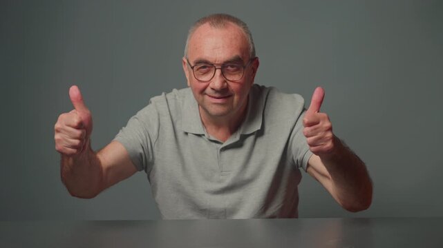 Senior man smiling happy showing two thumb up gesture raised finger approve good result 