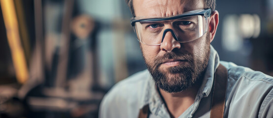 Confident carpenter in safety glasses works in busy workshop surrounded by tools, showcasing skill and dedication in woodworking