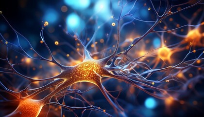 Neurons connected in the brain with yellow light