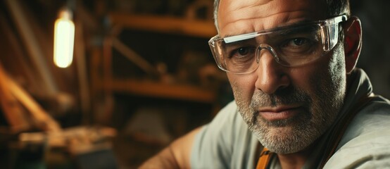 Confident carpenter takes a break in his workshop. Surrounded by tools and wood. Showcasing his expertise. He looks directly at the camera. Embodying dedication and professionalism in construction