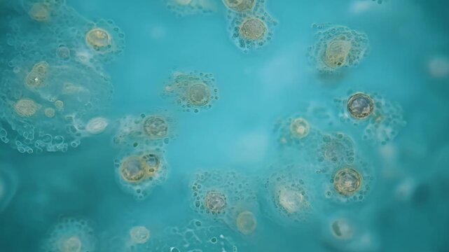 Natures hidden world comes to life as tiny microbes dance and multiply under the microscope lens.