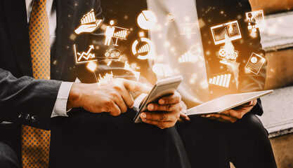 Finance and Money Transaction Technology Concept. Icon Graphic interface showing fintech trade exchange, profit statistics analysis and market analyst service in modern computer application. uds