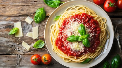Top view of a plate of spaghetti with marinara sauce garnished with fresh basil and grated Parmesan cheese on a rustic wooden table.