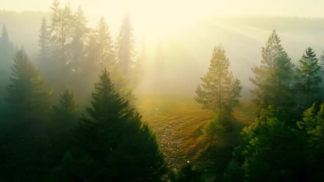 Golden sunlight breaks through the mist, illuminating a dense forest of towering pine trees during a tranquil morning.