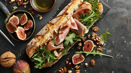 Top view of a prosciutto and fig sandwich with arugula and brie cheese on a baguette, served with a side of mixed nuts and dried fruits.