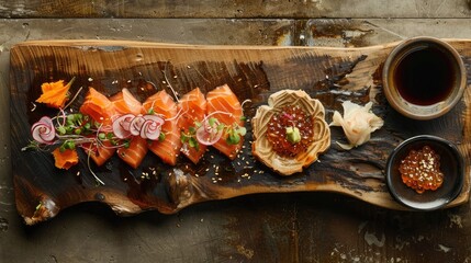 Top view of a rustic serving board with salmon sashimi, soy sauce, and pickled vegetables. Great for casual and inviting dining experiences.