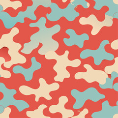 Vector Retro Swirls: A seamless abstract camouflage pattern in vibrant red, blue, and cream evokes a playful, vintage vibe.