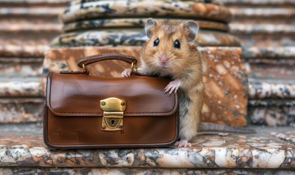 A small rodent holding onto a brown leather bag. AI. - Powered by Adobe