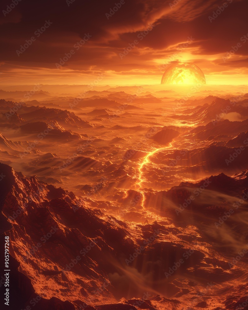 Poster A fiery landscape with a glowing sun in the sky. AI.