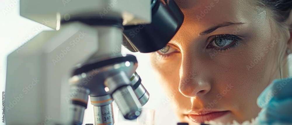 Canvas Prints A woman looks intently through a microscope. AI.