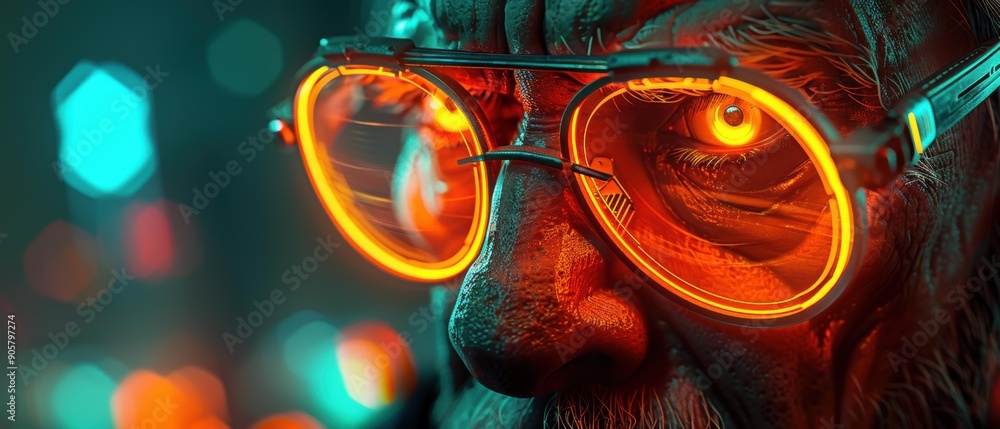 Canvas Prints A close-up of a person wearing glasses with glowing orange rims. AI.