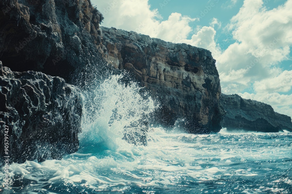 Poster a powerful wave crashes against a rocky cliff in the ocean, with sea foam and water spray creating a