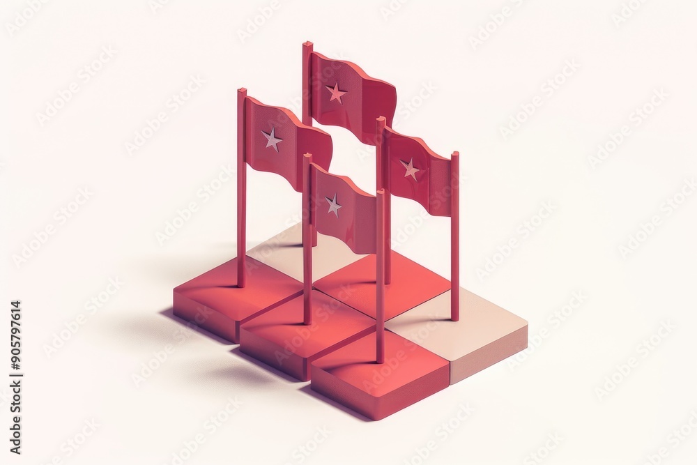 Poster A cluster of red flags situated on a raised platform, potentially used for warning or signaling