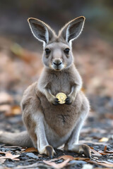Fototapeta premium A meme with a kangaroo putting coins in its belly pocket for savings. Kangaroo holding gold coin, symbolizing inflation, savings, financial safety cushion, rising costs concept