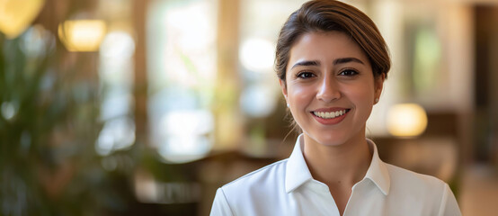 Smiling young businesswoman in a modern office building exudes confidence and professionalism, perfect for corporate themes